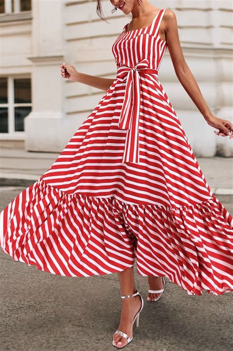 White/red Long striped silk dress 